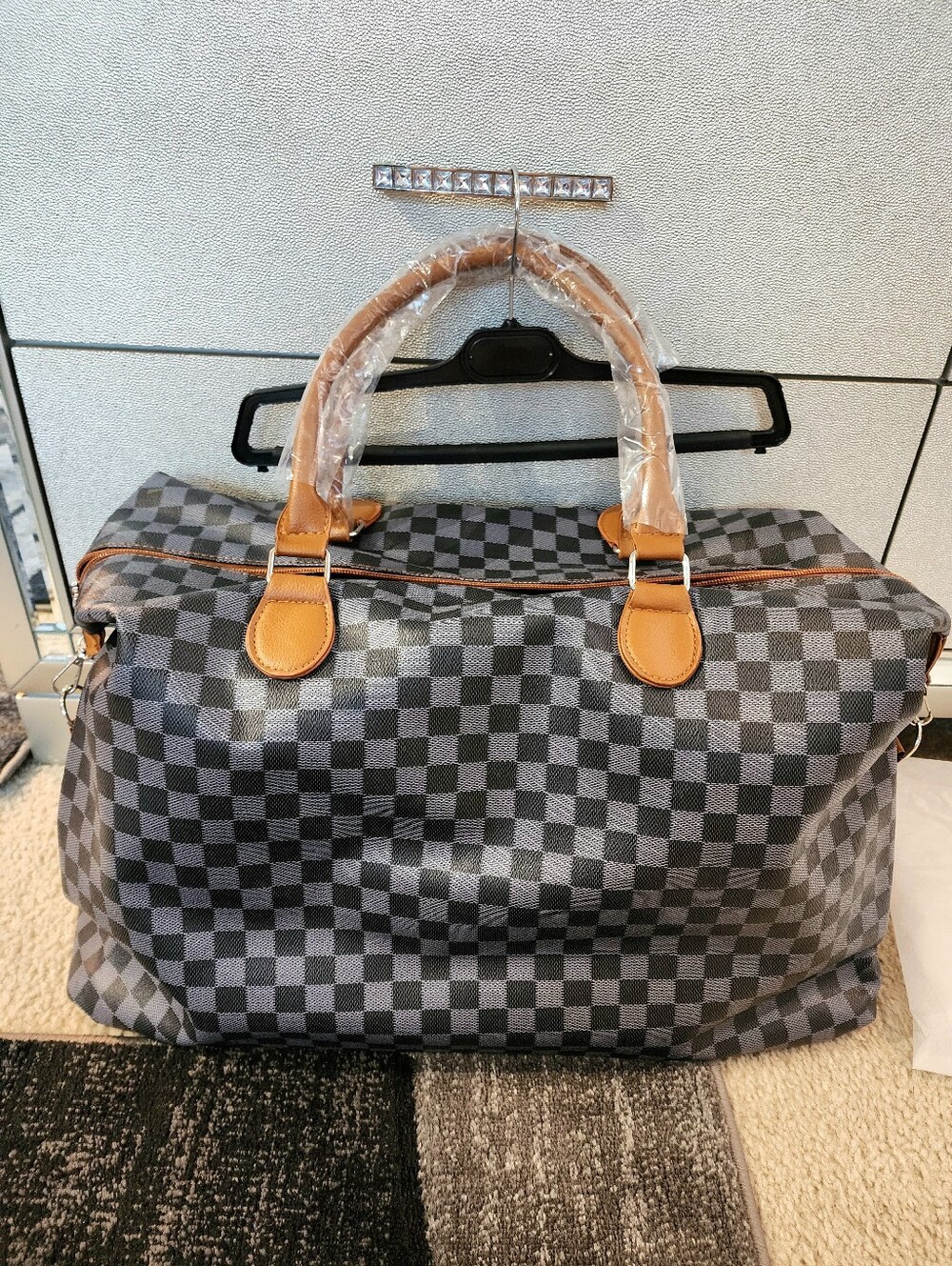 Checked Travel Tote Bag with Tan Handles